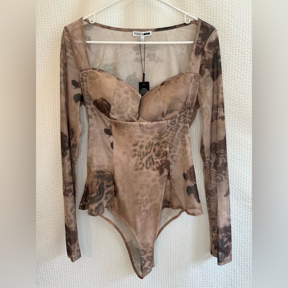 FASHION NOVA Brown Floral Mesh Long Sleeve Bodysuit Women’s XL NWT Sheer Women’s